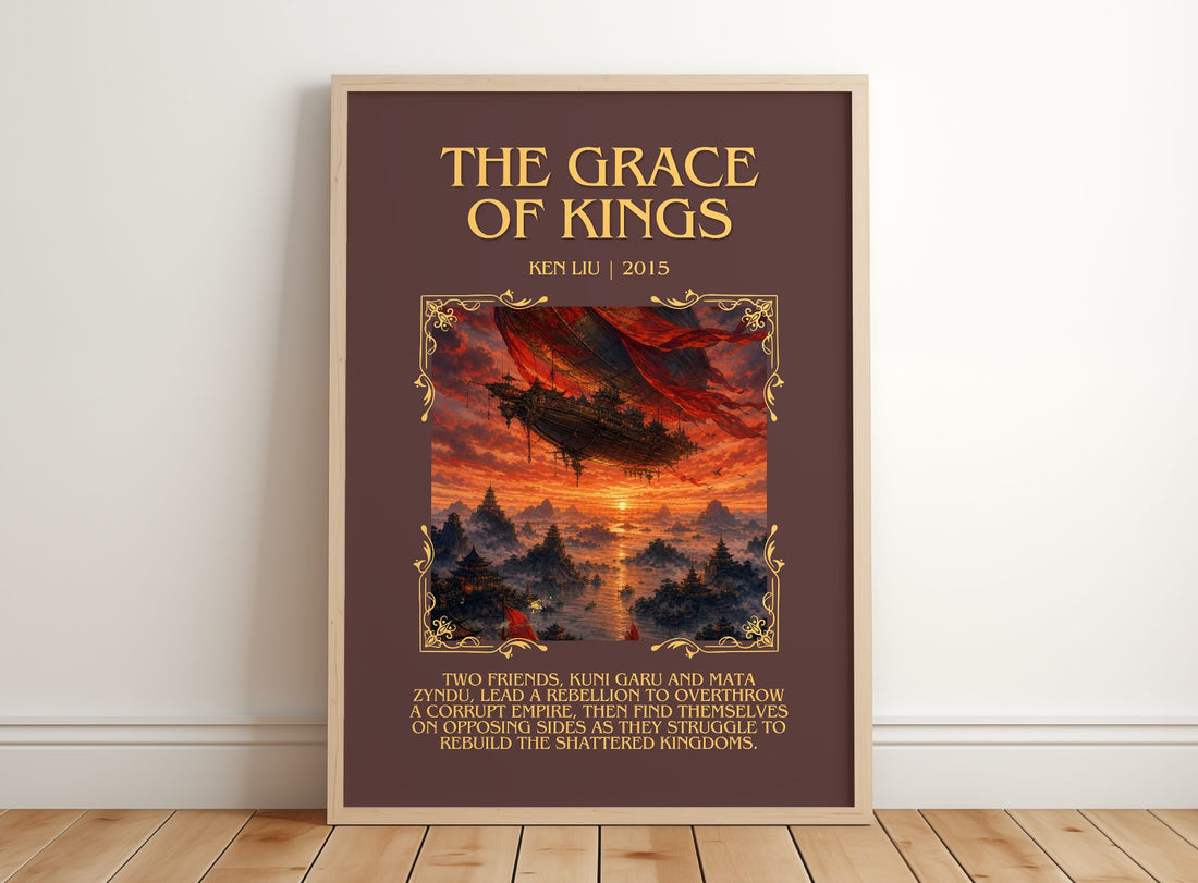 The Grace Of Kings Minimalist Book Poster by Ken Liu – framed print leaning on a wooden floor