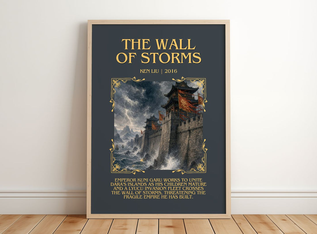 The Wall Of Storms Minimalist Book Poster by Ken Liu – framed print leaning on a wooden floor