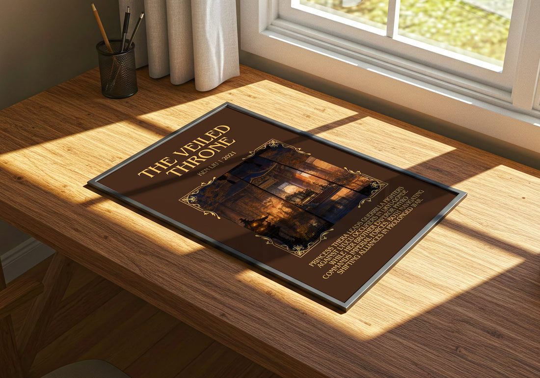 The Veiled Throne Minimalist Book Poster by Ken Liu – print on a sunlit desk