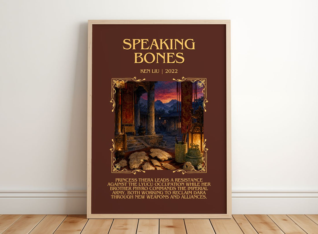 Speaking Bones Minimalist Book Poster by Ken Liu – framed print leaning on a wooden floor