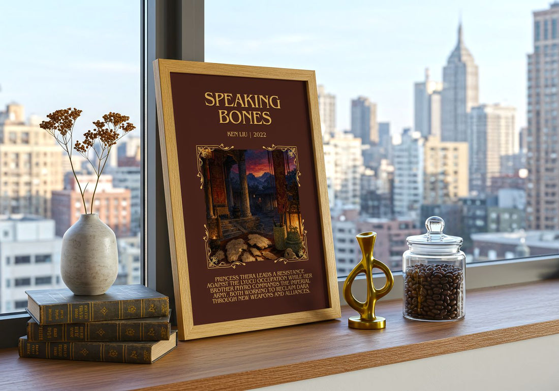 Speaking Bones Minimalist Book Poster by Ken Liu – framed print on a city-view windowsill