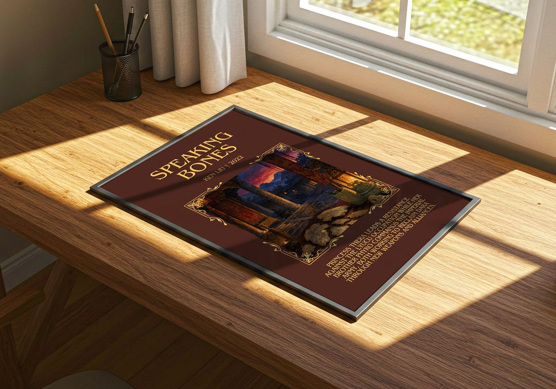Speaking Bones Minimalist Book Poster by Ken Liu – print on a sunlit desk