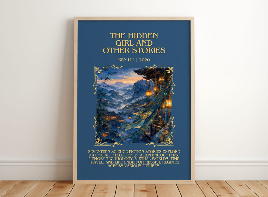 The Hidden Girl And Other Stories Minimalist Book Poster by Ken Liu – framed print leaning on a wooden floor