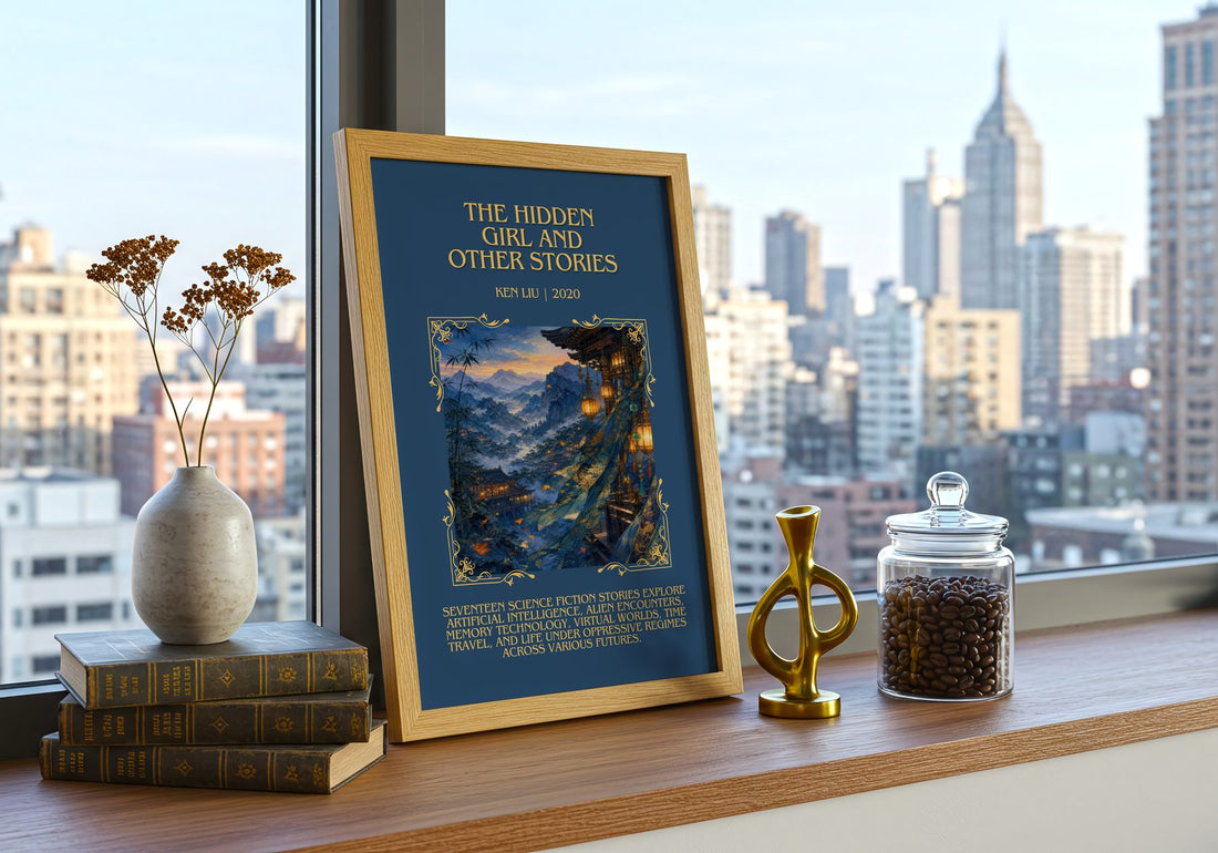 The Hidden Girl And Other Stories Minimalist Book Poster by Ken Liu – framed print on a city-view windowsill