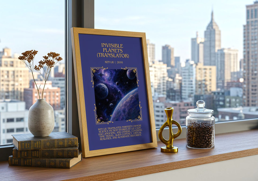 Invisible Planets (Translator) Minimalist Book Poster by Ken Liu – framed print on a city-view windowsill