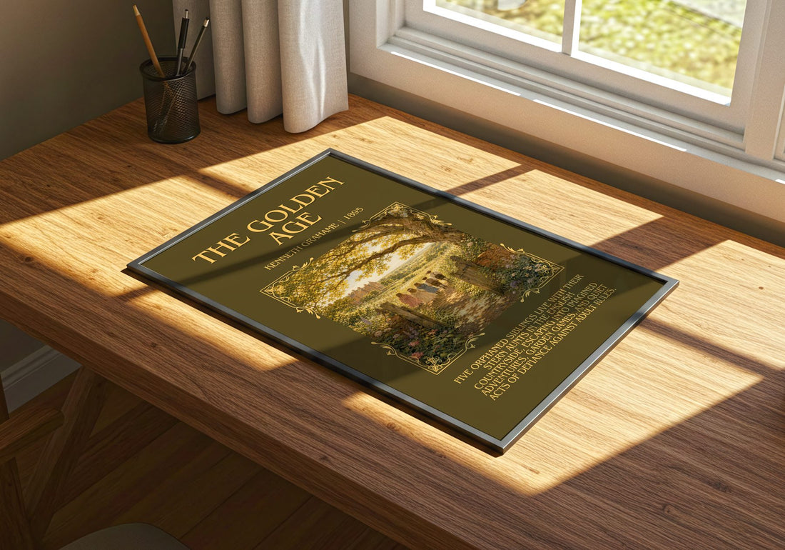 The Golden Age Minimalist Book Poster by Kenneth Grahame – print on a sunlit desk