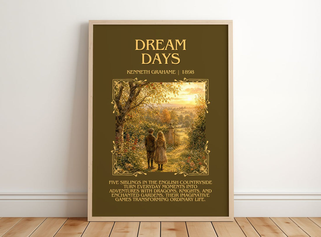 Dream Days Minimalist Book Poster by Kenneth Grahame – framed print leaning on a wooden floor
