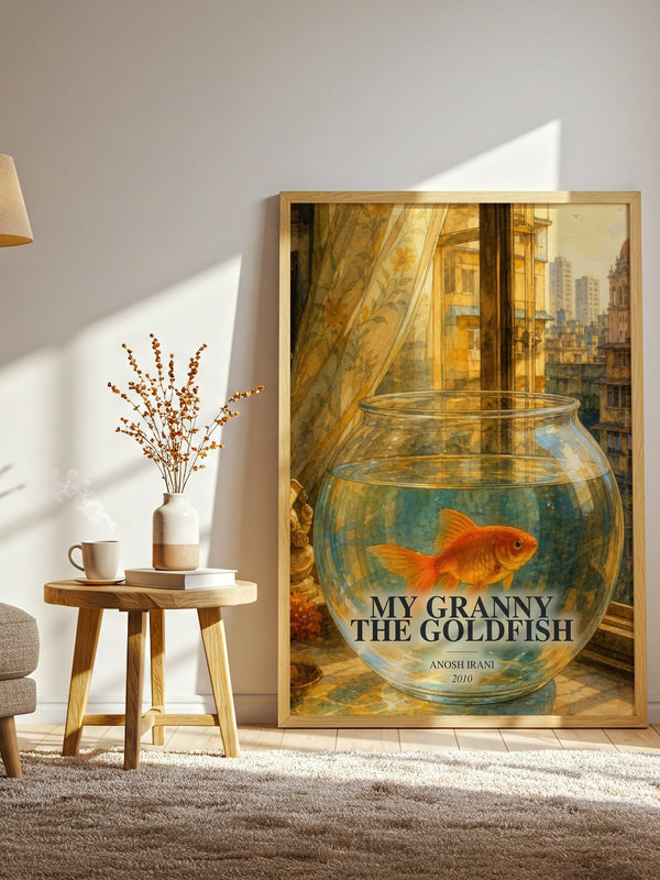 My Granny The Goldfish watercolour print in frame leaning in hallway – contemporary fiction wall art