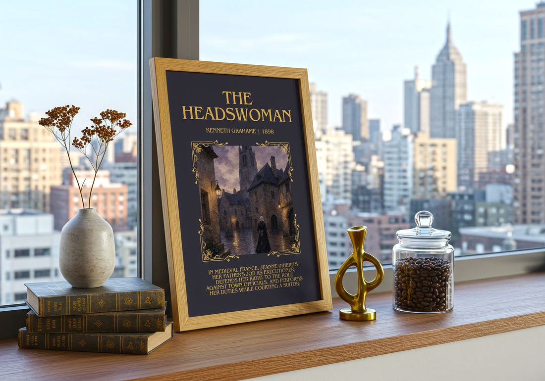 The Headswoman Minimalist Book Poster by Kenneth Grahame – framed print on a city-view windowsill