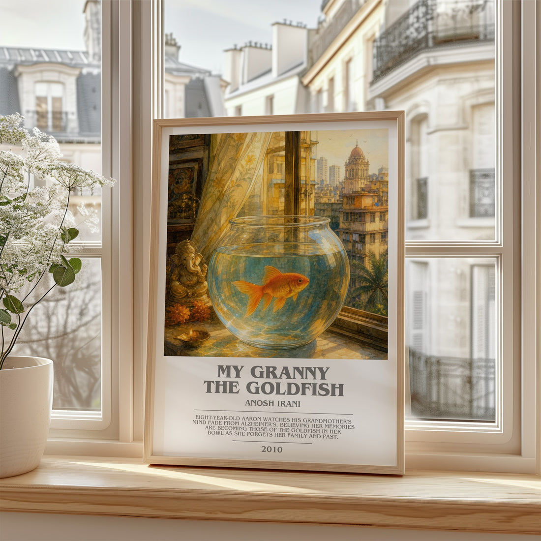 My Granny The Goldfish bookish print in frame leaning in hallway – contemporary fiction wall art