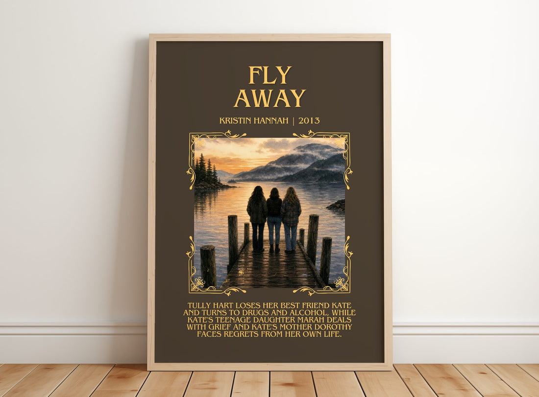 Fly Away Minimalist Book Poster by Kristin Hannah – framed print leaning on a wooden floor