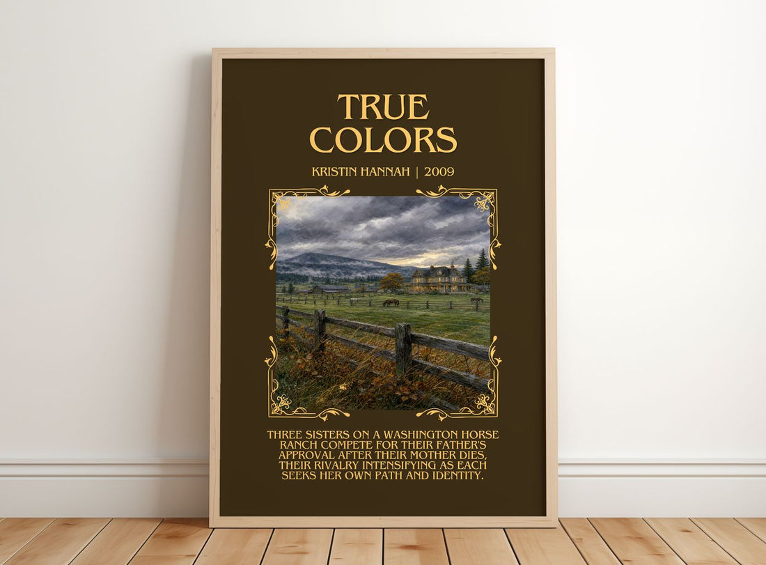 True Colors Minimalist Book Poster by Kristin Hannah – framed print leaning on a wooden floor