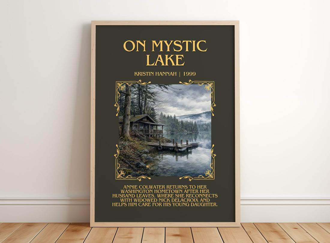 On Mystic Lake Minimalist Book Poster by Kristin Hannah – framed print leaning on a wooden floor