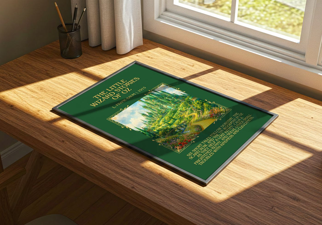 Little Wizard Stories Of Oz Minimalist Book Poster by L. Frank Baum – print on a sunlit desk