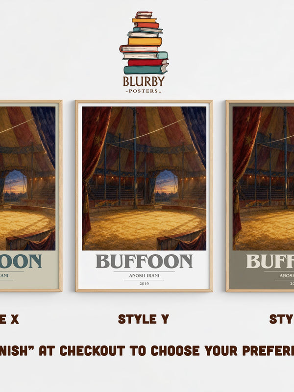 Buffoon book cover print in frame leaning in hallway – literary fiction wall art