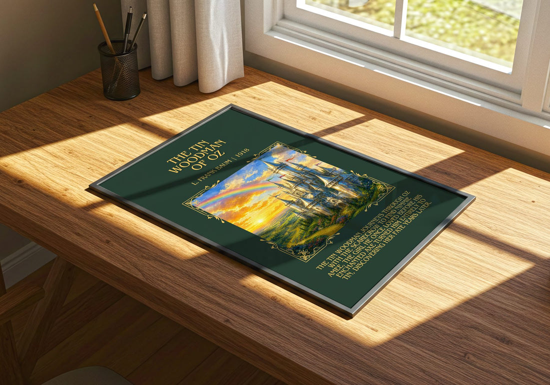 The Tin Woodman Of Oz Minimalist Book Poster by L. Frank Baum – print on a sunlit desk