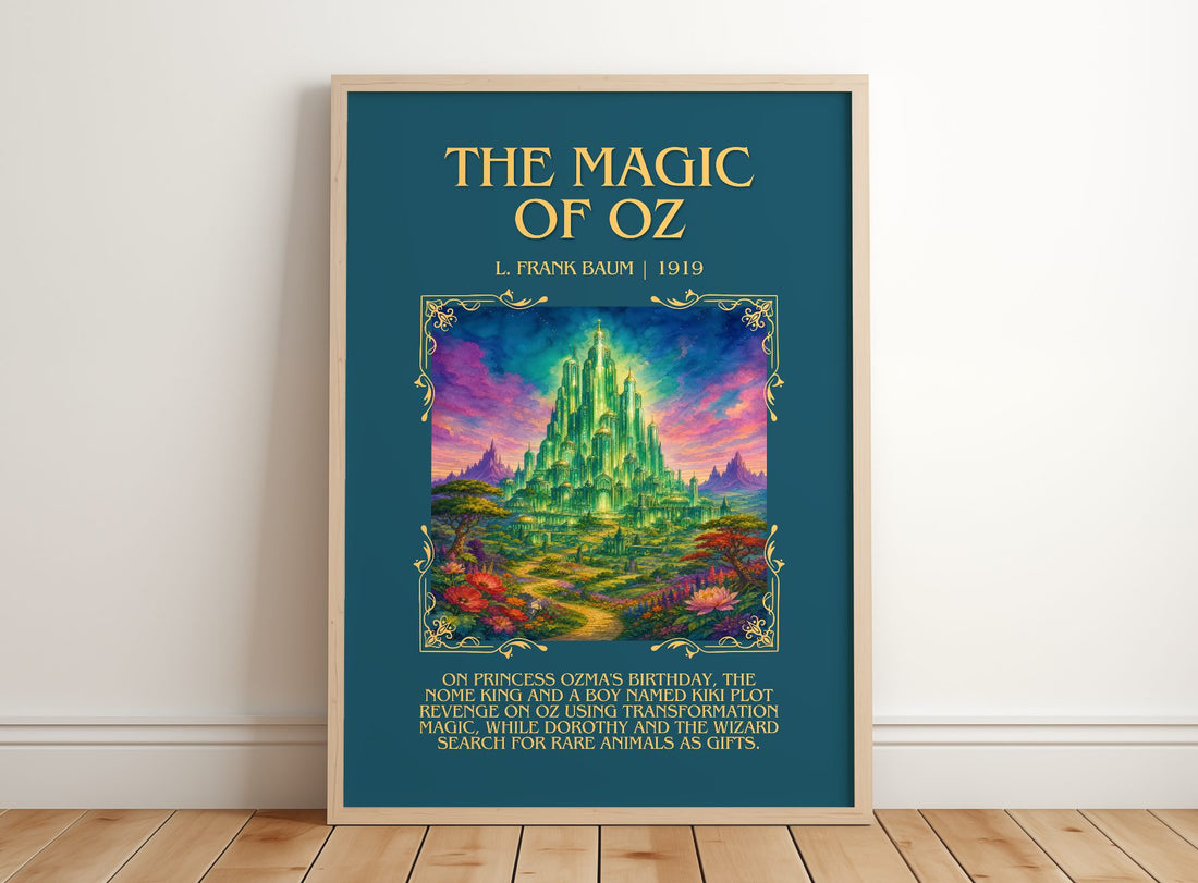 The Magic Of Oz Minimalist Book Poster by L. Frank Baum – framed print leaning on a wooden floor