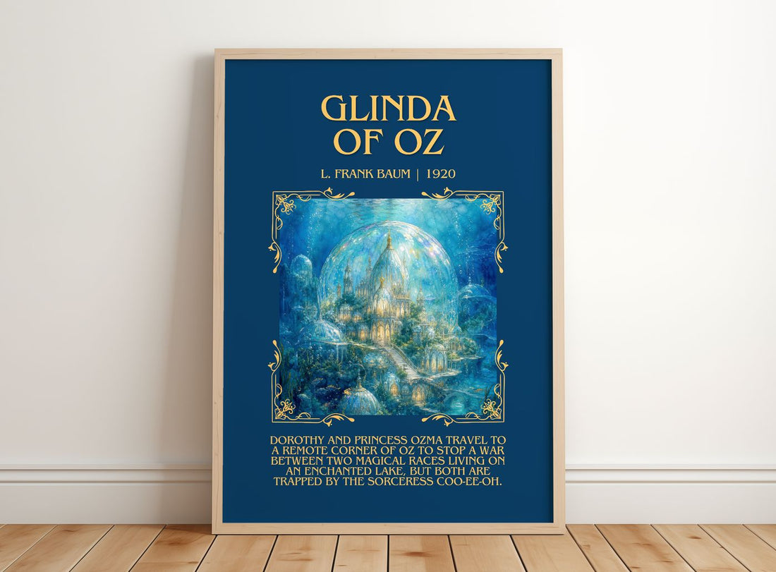 Glinda Of Oz Minimalist Book Poster by L. Frank Baum – framed print leaning on a wooden floor