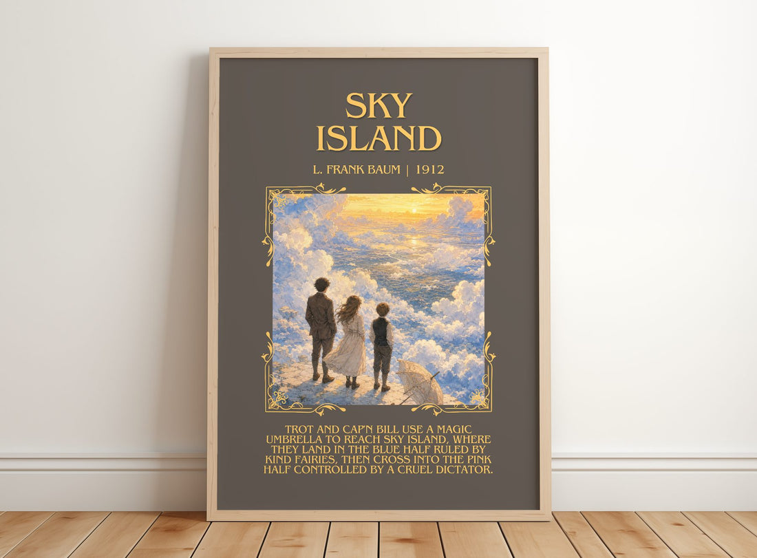 Sky Island Minimalist Book Poster by L. Frank Baum – framed print leaning on a wooden floor