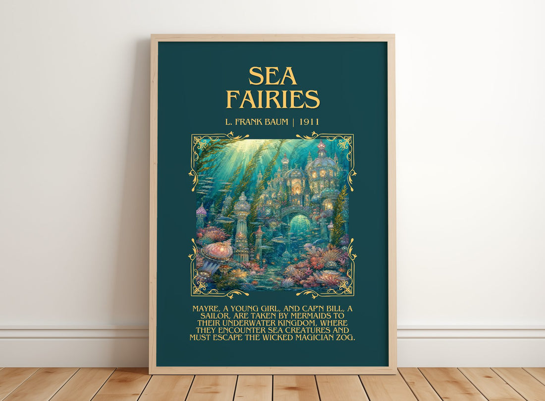 Sea Fairies Minimalist Book Poster by L. Frank Baum – framed print leaning on a wooden floor