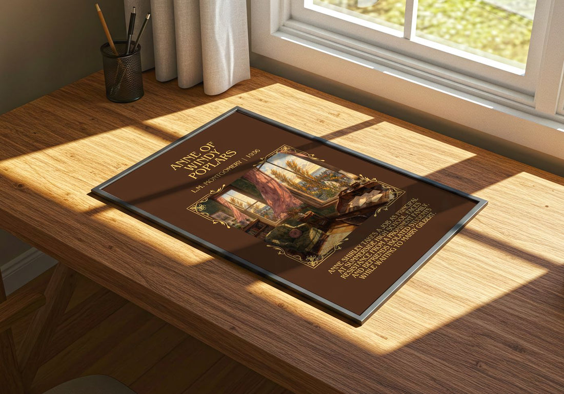 Anne Of Windy Poplars Minimalist Book Poster by L.M. Montgomery – print on a sunlit desk
