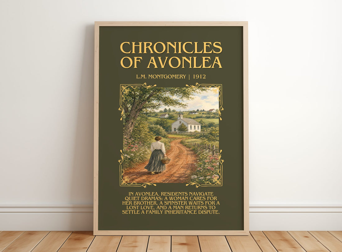 Chronicles Of Avonlea Minimalist Book Poster by L.M. Montgomery – framed print leaning on a wooden floor