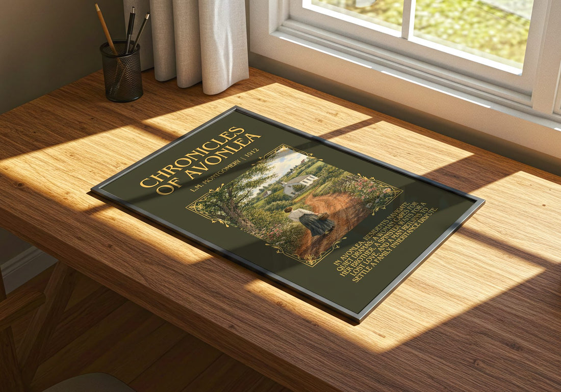 Chronicles Of Avonlea Minimalist Book Poster by L.M. Montgomery – print on a sunlit desk