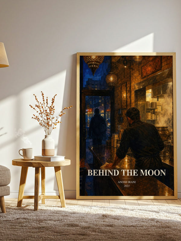 Behind The Moon watercolour print in frame leaning in hallway – contemporary fiction wall art