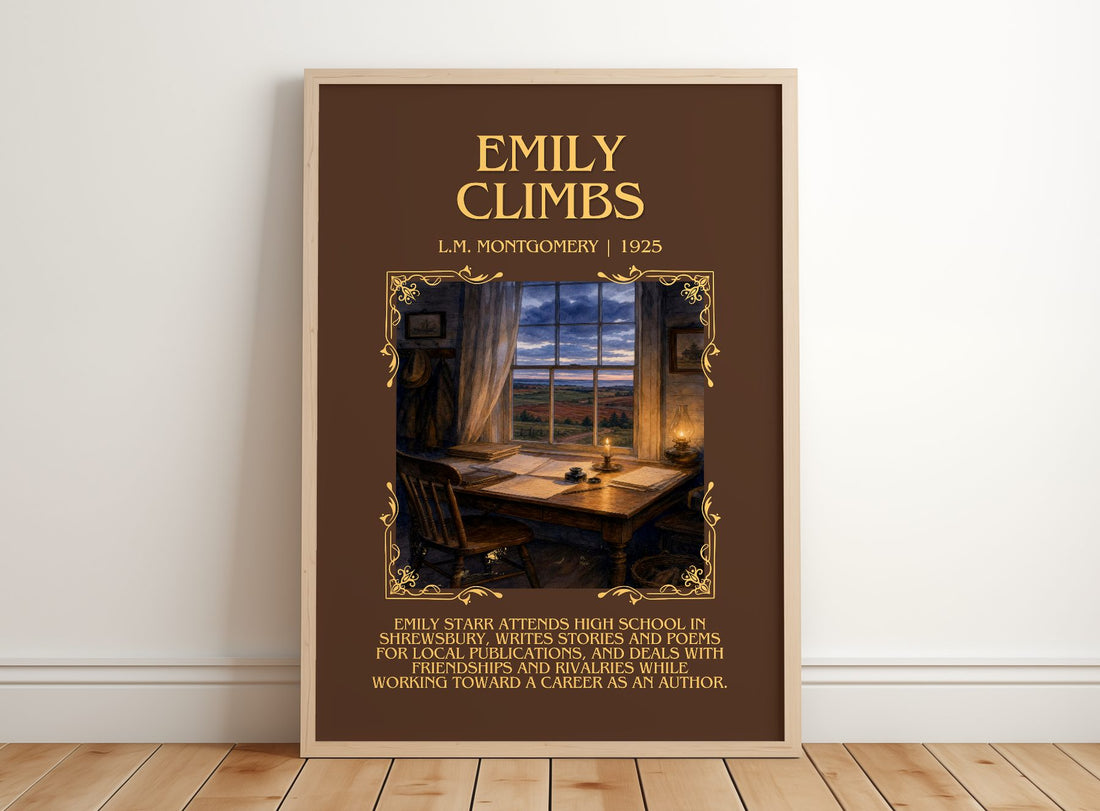 Emily Climbs Minimalist Book Poster by L.M. Montgomery – framed print leaning on a wooden floor