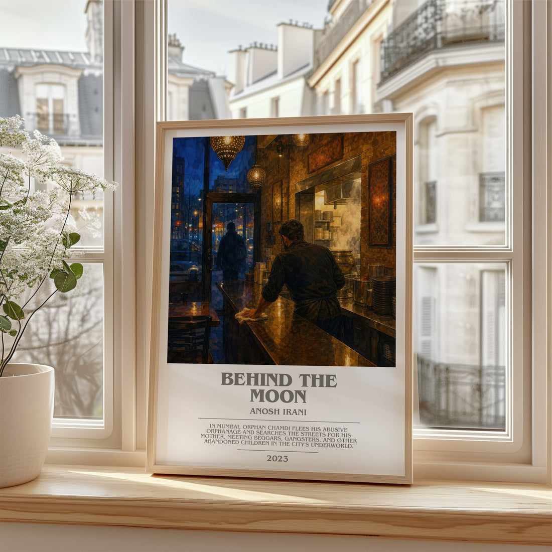 Behind The Moon bookish print in frame leaning in hallway – contemporary fiction wall art