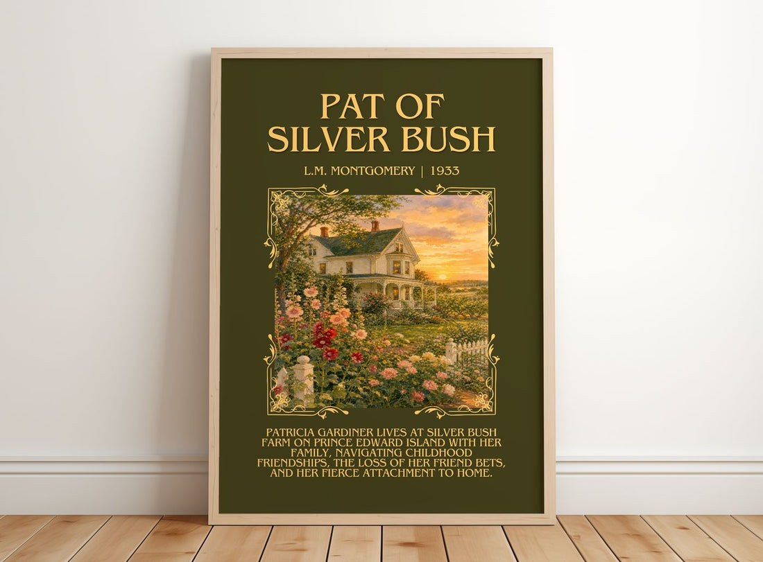 Pat Of Silver Bush Minimalist Book Poster by L.M. Montgomery – framed print leaning on a wooden floor