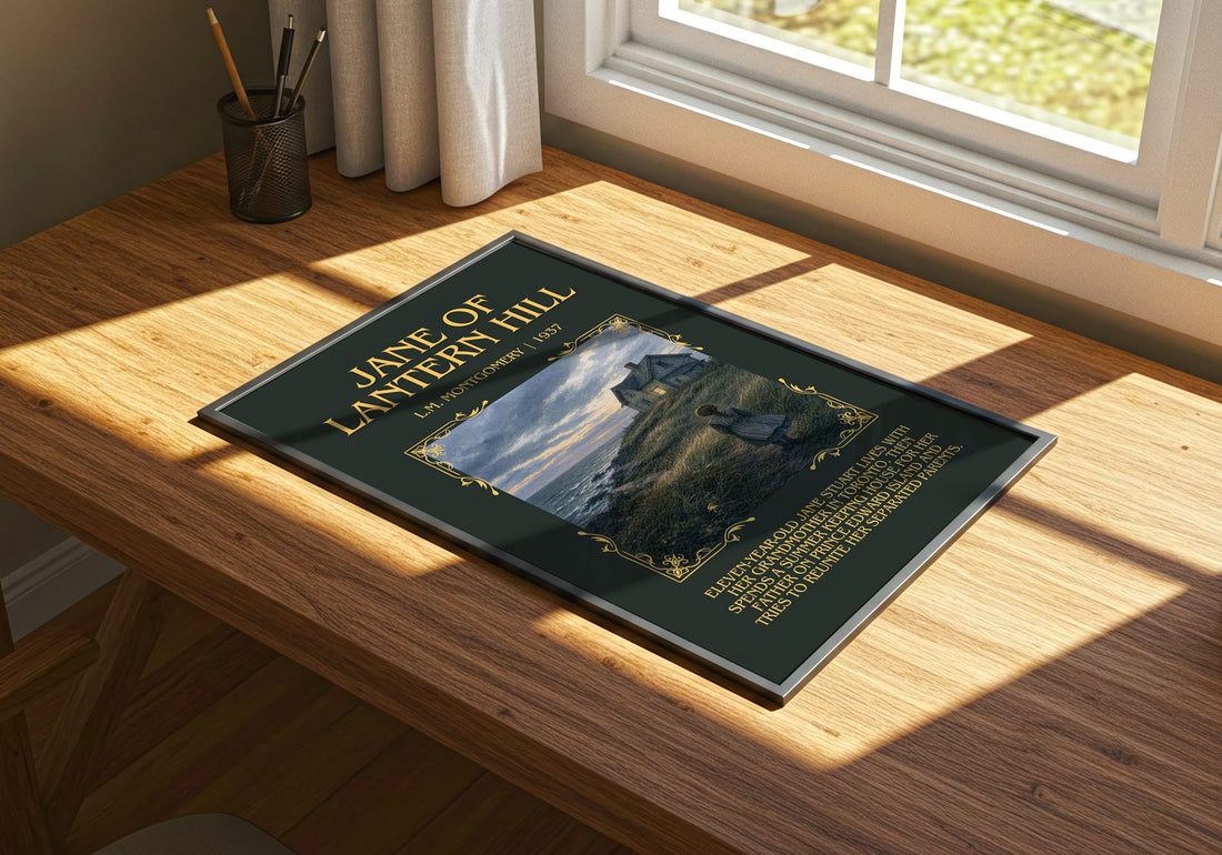Jane Of Lantern Hill Minimalist Book Poster by L.M. Montgomery – print on a sunlit desk