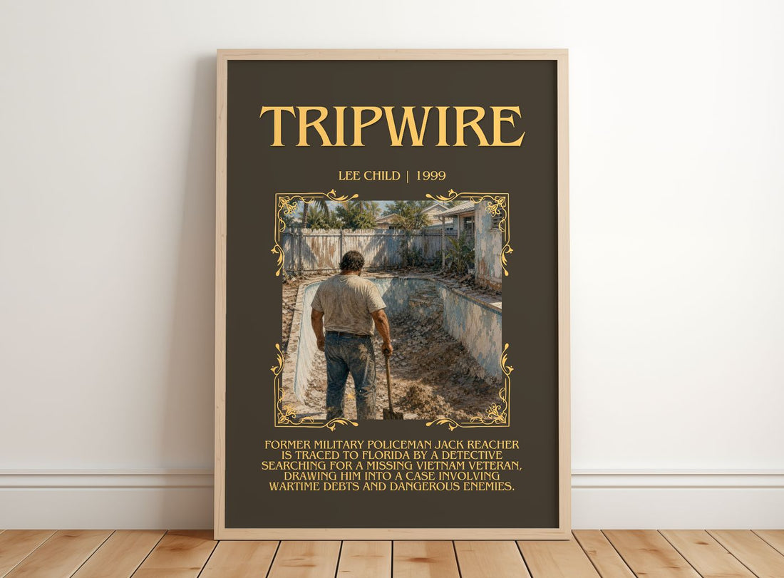 Tripwire Minimalist Book Poster by Lee Child – framed print leaning on a wooden floor
