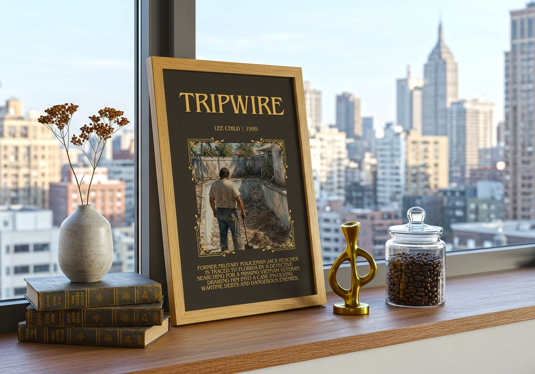Tripwire Minimalist Book Poster by Lee Child – framed print on a city-view windowsill