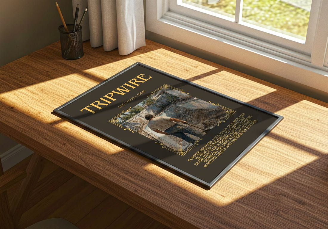 Tripwire Minimalist Book Poster by Lee Child – print on a sunlit desk
