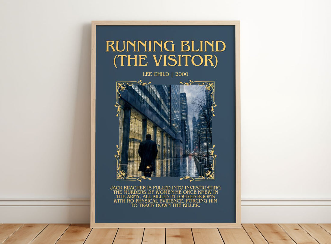 Running Blind (The Visitor) Minimalist Book Poster by Lee Child – framed print leaning on a wooden floor