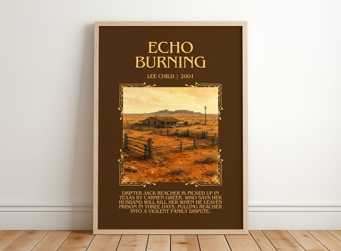 Echo Burning Minimalist Book Poster by Lee Child – framed print leaning on a wooden floor