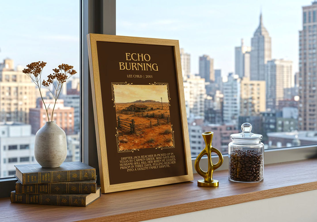 Echo Burning Minimalist Book Poster by Lee Child – framed print on a city-view windowsill