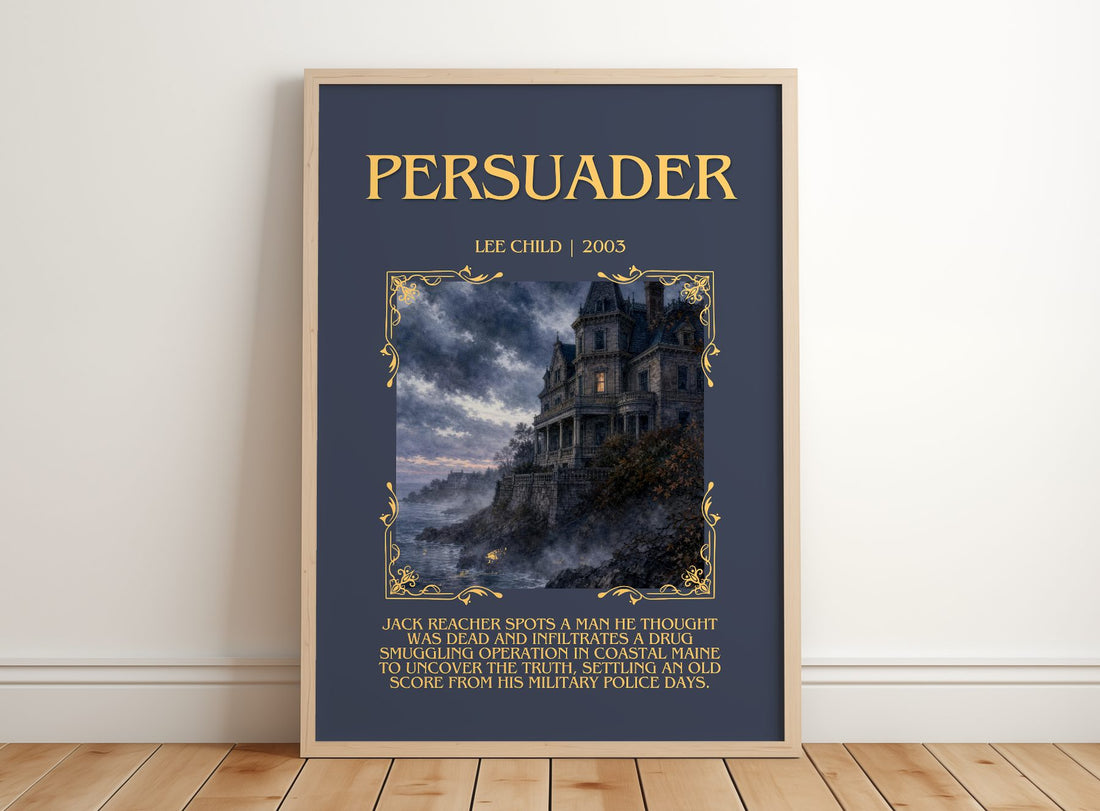 Persuader Minimalist Book Poster by Lee Child – framed print leaning on a wooden floor