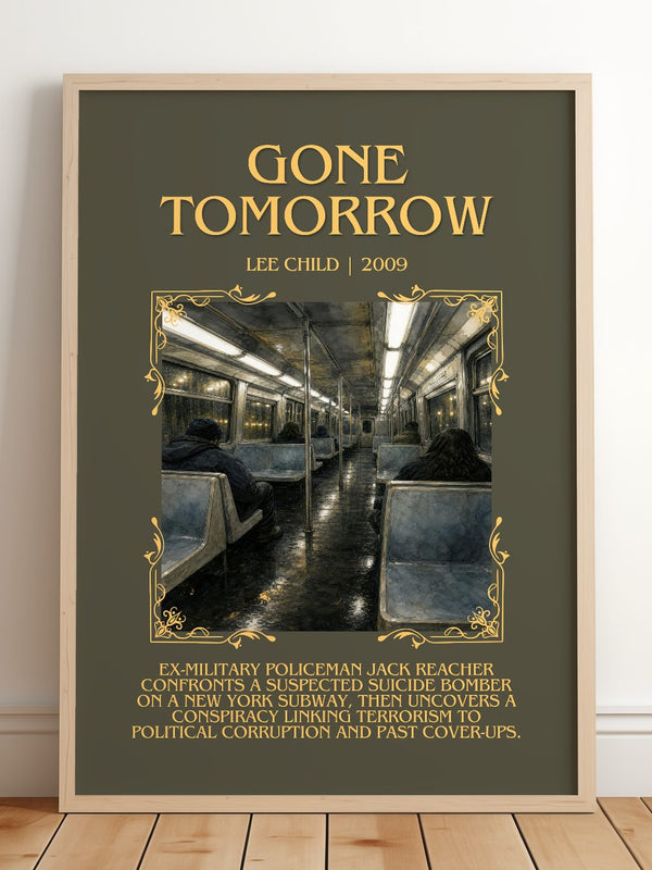 Gone Tomorrow Minimalist Book Poster by Lee Child – framed print leaning on a wooden floor