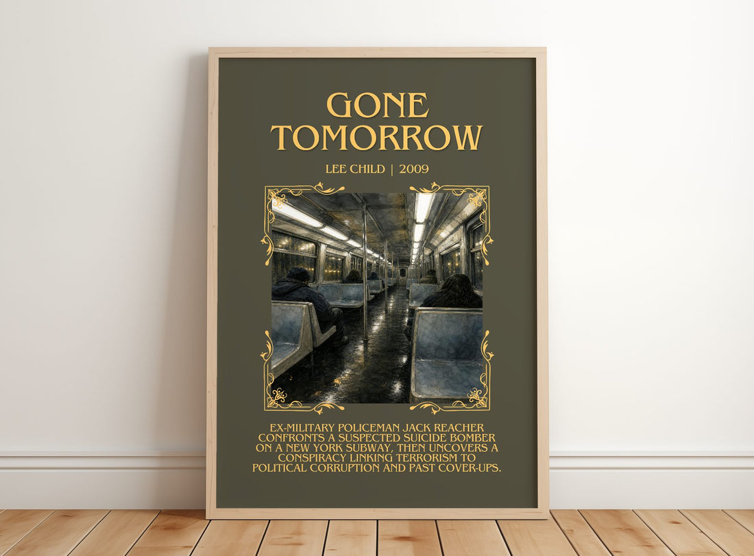 Gone Tomorrow Minimalist Book Poster by Lee Child – framed print leaning on a wooden floor