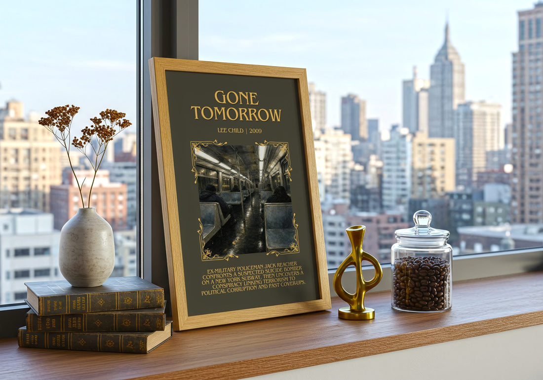 Gone Tomorrow Minimalist Book Poster by Lee Child – framed print on a city-view windowsill