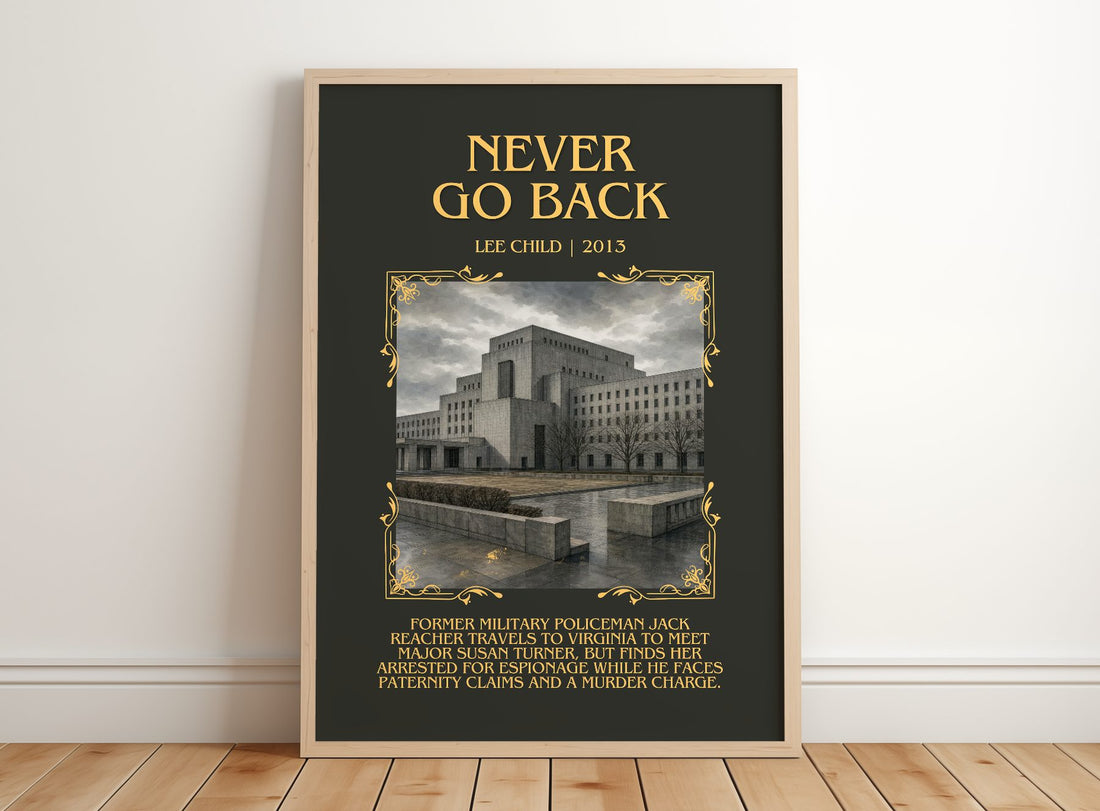 Never Go Back Minimalist Book Poster by Lee Child – framed print leaning on a wooden floor