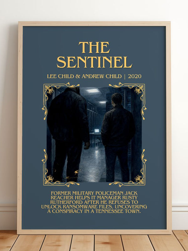 The Sentinel Minimalist Book Poster by Lee Child & Andrew Child – framed print leaning on a wooden floor
