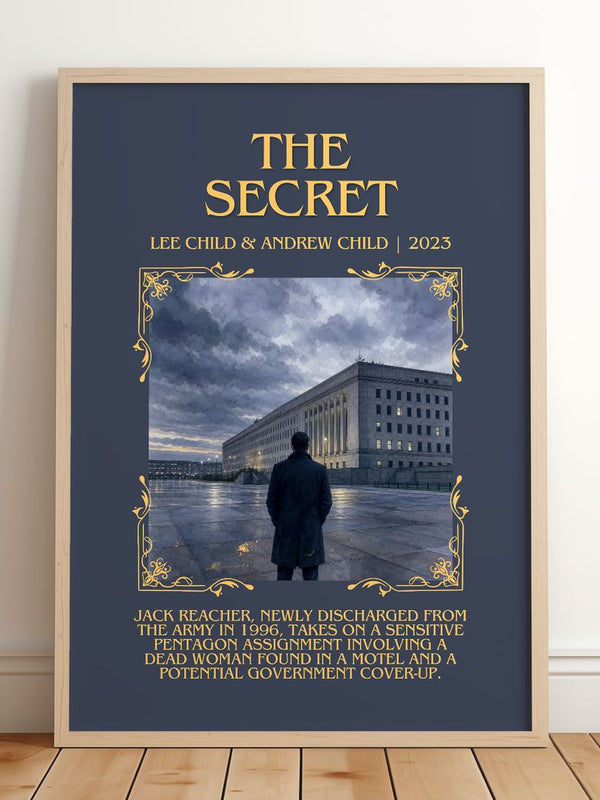 The Secret Minimalist Book Poster by Lee Child & Andrew Child – framed print leaning on a wooden floor