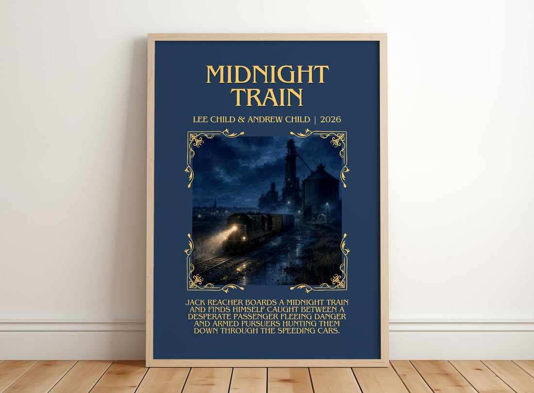 Midnight Train Minimalist Book Poster by Lee Child & Andrew Child – framed print leaning on a wooden floor
