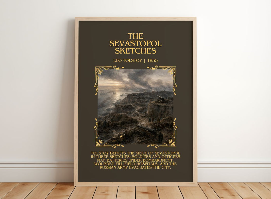 The Sevastopol Sketches Minimalist Book Poster by Leo Tolstoy – framed print leaning on a wooden floor