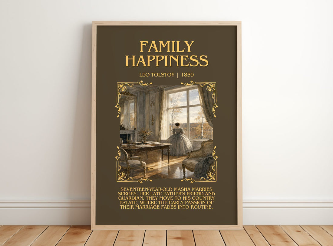 Family Happiness Minimalist Book Poster by Leo Tolstoy – framed print leaning on a wooden floor