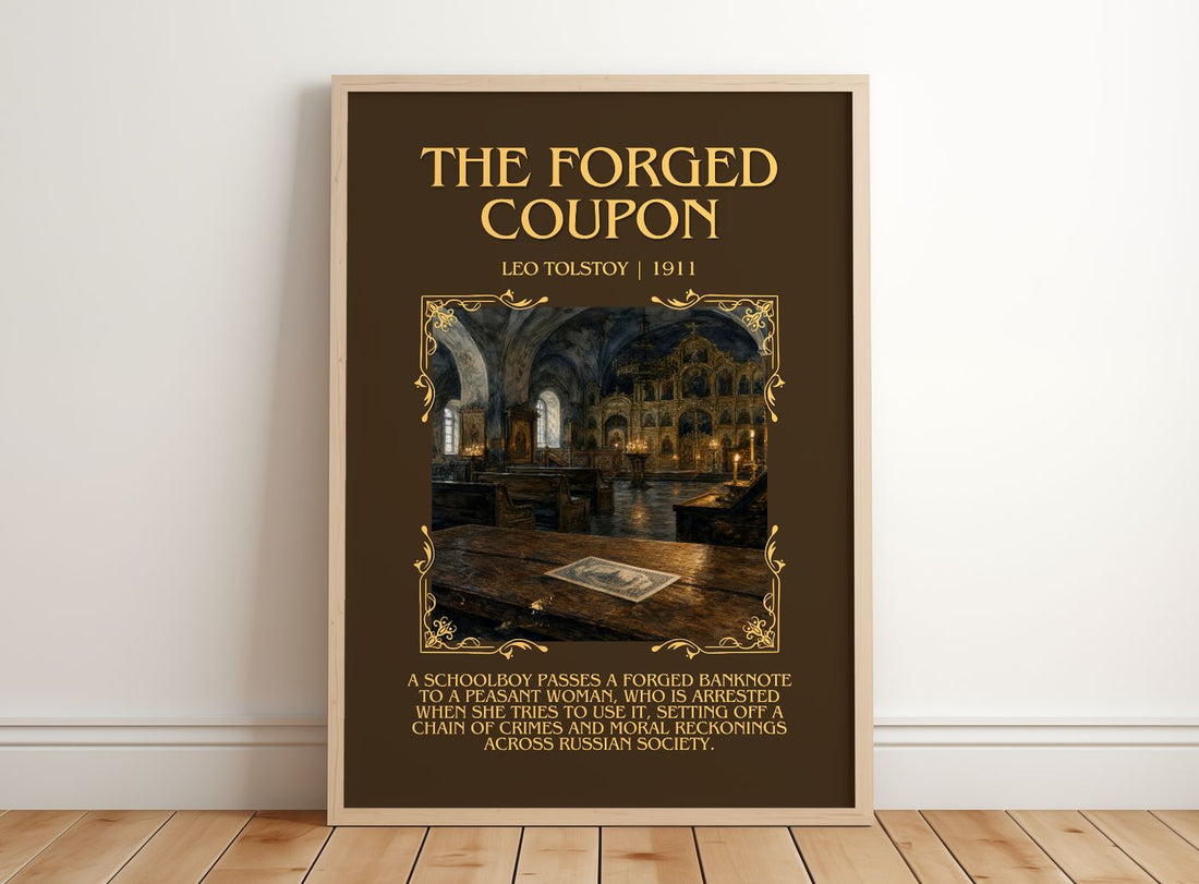 The Forged Coupon Minimalist Book Poster by Leo Tolstoy – framed print leaning on a wooden floor