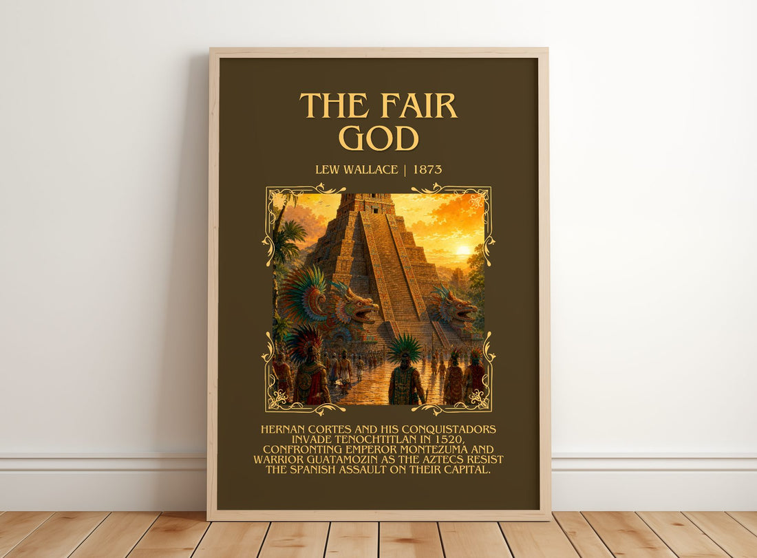 The Fair God Minimalist Book Poster by Lew Wallace – framed print leaning on a wooden floor